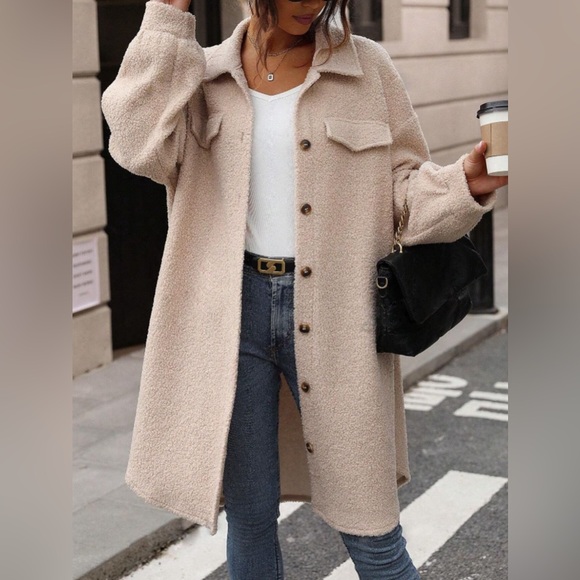 Button Up Drop Shoulder Sherpa Coat - Picture 4 of 6